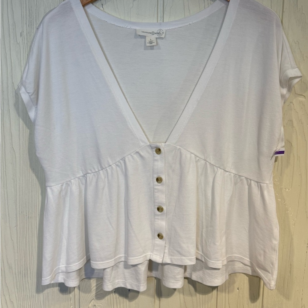 Treasure & Bond White Short Sleeve Babydoll Top, Size L